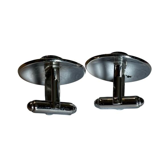 Mid Century silver textured round cufflinks with black enamel centers vintage - Picture 3 of 6